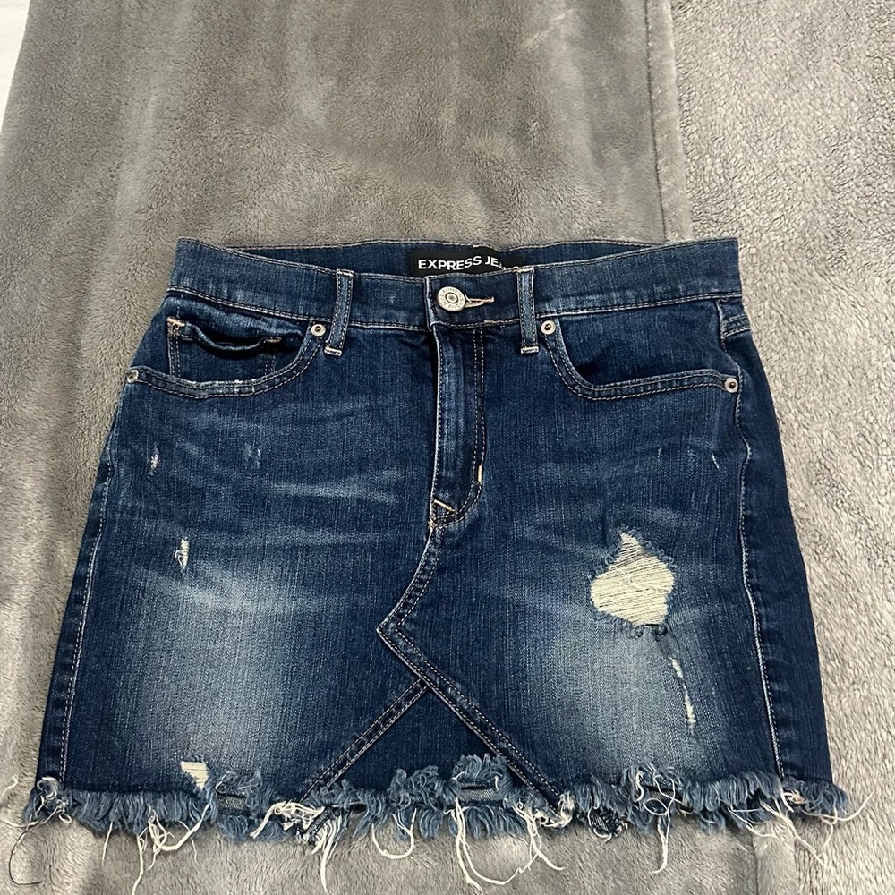 Express Frayed Hem Denim Mini Skirt - Dark Blue